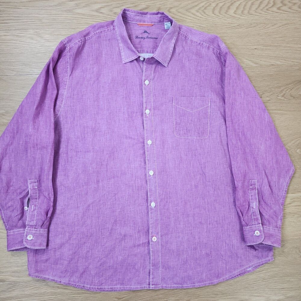 Tommy Bahama Shirt Mens 3XL Purple 100% Linen Button Up Long Sleeve Casual Dress